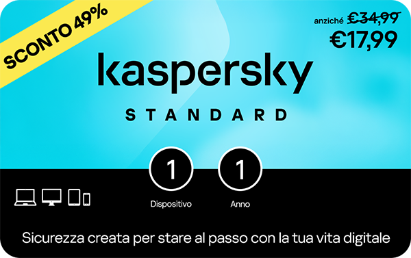 Kaspersky Standard 1 dispositivo e 1 anno base download pack €17,99