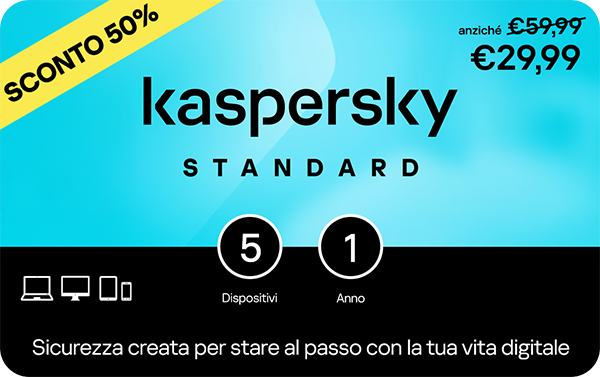 Kaspersky Standard 5 dispositivi e 1 anno base download pack €29,99